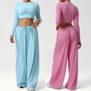 New Style Breathable Workout Shirts Long Sleeve Yoga Crop Top Wide-leg Joggers Loose Pants Fitness Yoga Set for Women