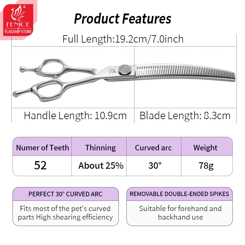 Fenice 7 Inch Diamonds Screw Pet Grooming Scissors Curved Chunker