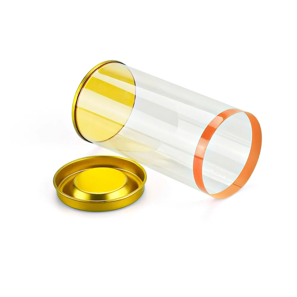 Transparent PVC PET RPET PP Plastic Round Tube Cylinder Packaging Box with Metal Lid