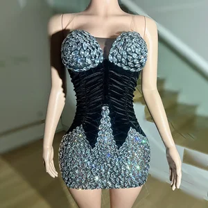 Women's Romantic Velvet Evening Dresses Plus Size Luxurious Rhinestone Halter Neck Puff Printing