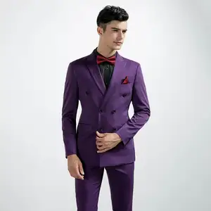 High Quality Slim Fit Purple Wedding Suits Men Worsted Wool Blend Double Breasted Zipper Fly Pants Breathable Windproof Plus