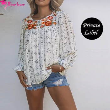 Dear-Lover Fashion Women Shirt Crochet Long Sleeve Embroidered Print Loose Ladies Blouse