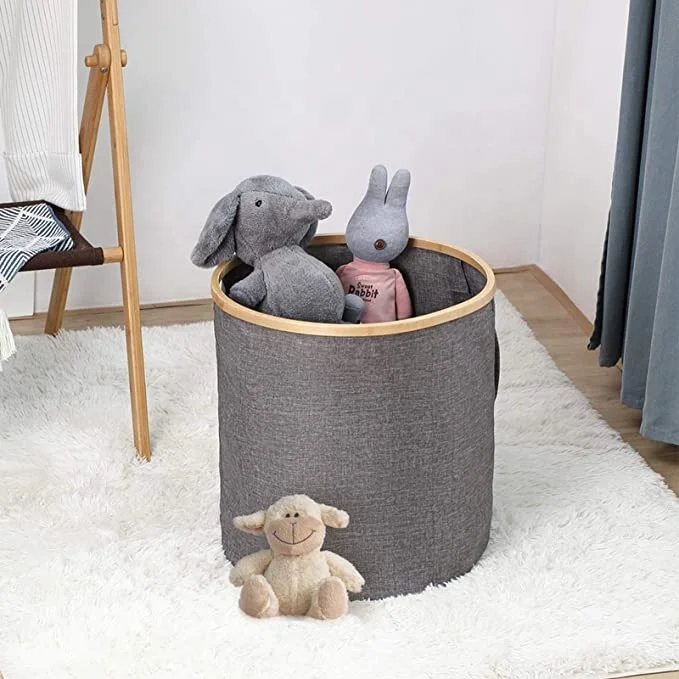 Concise Foldable Home Storage Bamboo Polyester Cotton Hemp Round Stool Round Laundry Basket