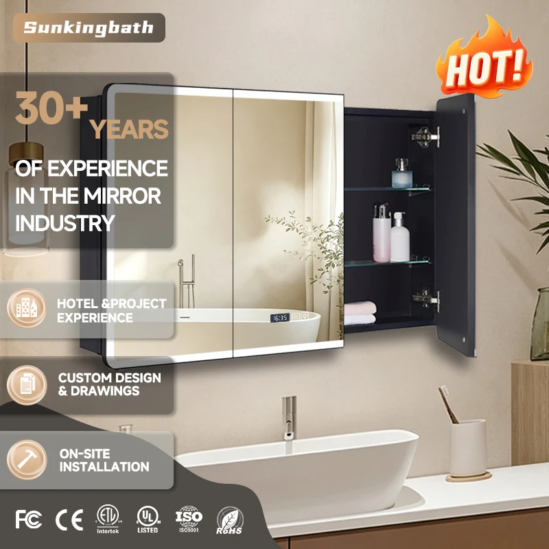 Triple Door Stainless Steel LED Mirror Cabinet Anti-Fog Wall Mounted Large Bathroom Storage Cabinet with Adjustable Shelves