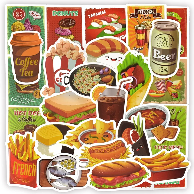 50 PCS Fast Food Drink Stickers Cartoon Delicious Dessert Diet Creative  Sticker