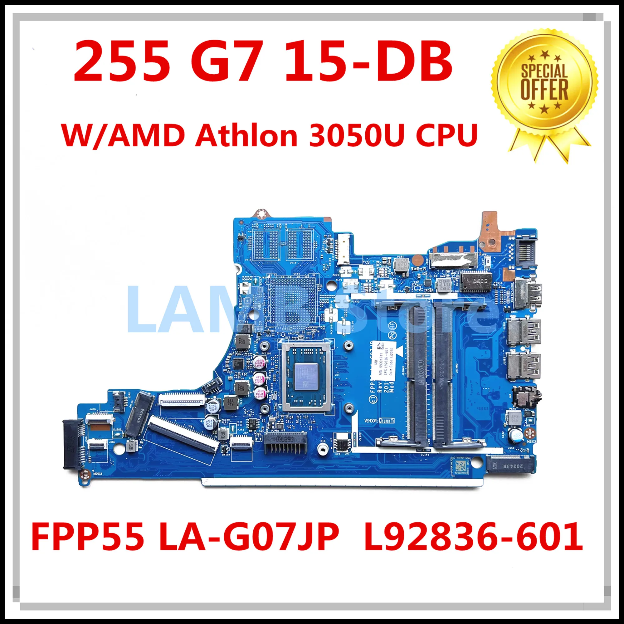 HP 255 G7 Laptop Motherboard, AMD Athlon 3050U, DDR4, Fully Tested
