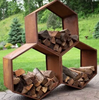 Outdoor round corten steel firewood storage for patio