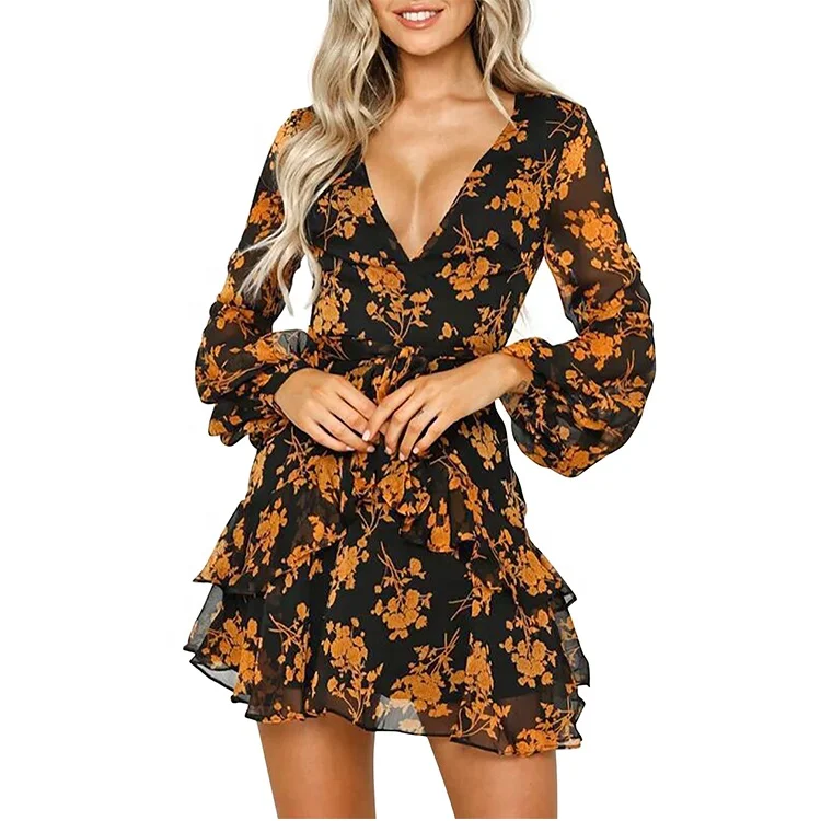 Primavera Mujer Mini Vestidos Casual manga larga Floral impreso cuello en V  Mujer Bohe playa fiesta vestido largo Mujer Vestidos