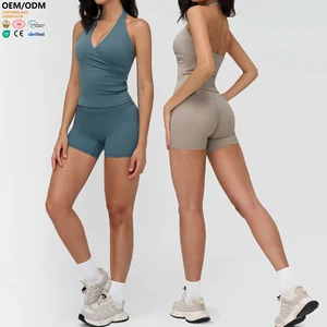 XW-TZ3109-3 High Waist Shorts Tank Top Custom Solid Breathable Fitness Gym Clothing Women Chest Pad 2 Piece Yoga Wear Set