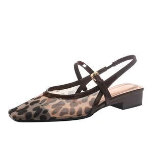 OEM ODM Leopard Print Thick Heel square Toe Shoes Women's Low Heel Closed Toe Sandals for Outdoor