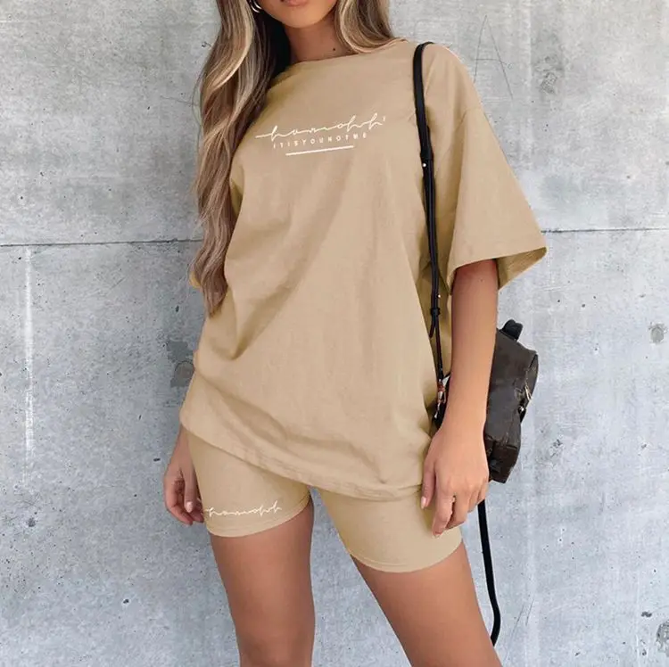 Letter Print Casual Two-piece Set, Crew Neck Short Sleeve Tee