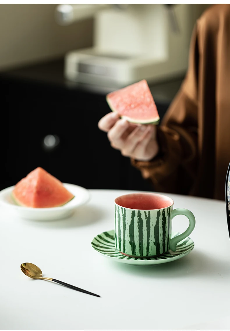 Modern Style Large Ceramic Coffee Cup with Saucer Watermelon-Themed Espresso Breakfast or Milk Tea Cup Stylish Drinkware