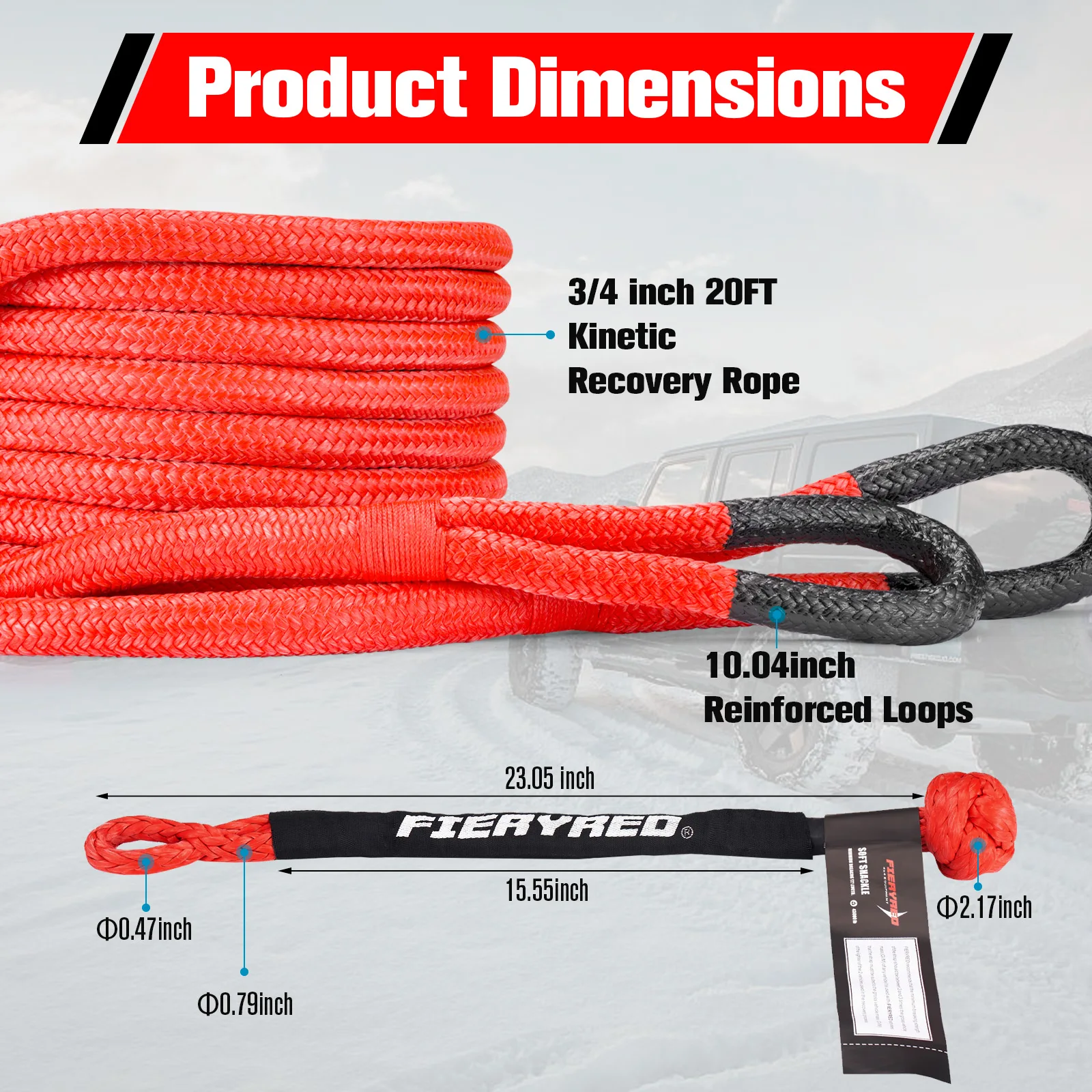 Fireyred 20ft 19200lbs Kinetic Recovery Rope Winch Rope Stretch Towing ...