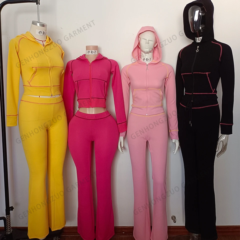 Y2K Women's Solid Waffle Knit Hoodie Jacket and Pants Set - Trendy