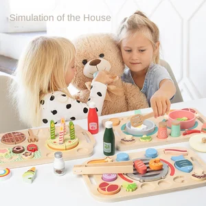 Wooden Play Kitchen Set for Young Girls Educational Pretend Play Preschool Home Simulation with Barbecue Dim Sum Fruit Vegetable