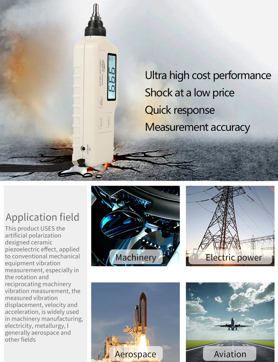 GM63B Portable LCD Digital Vibration Meter Probe Vibration Analyzer Industry