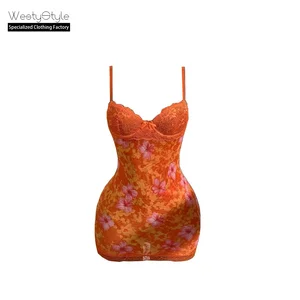 Cross-Border High Quality Satin A-line Mini Dress Sexy Lace Camisole Vintage Floral Backless Natural Waist Breathable Summer