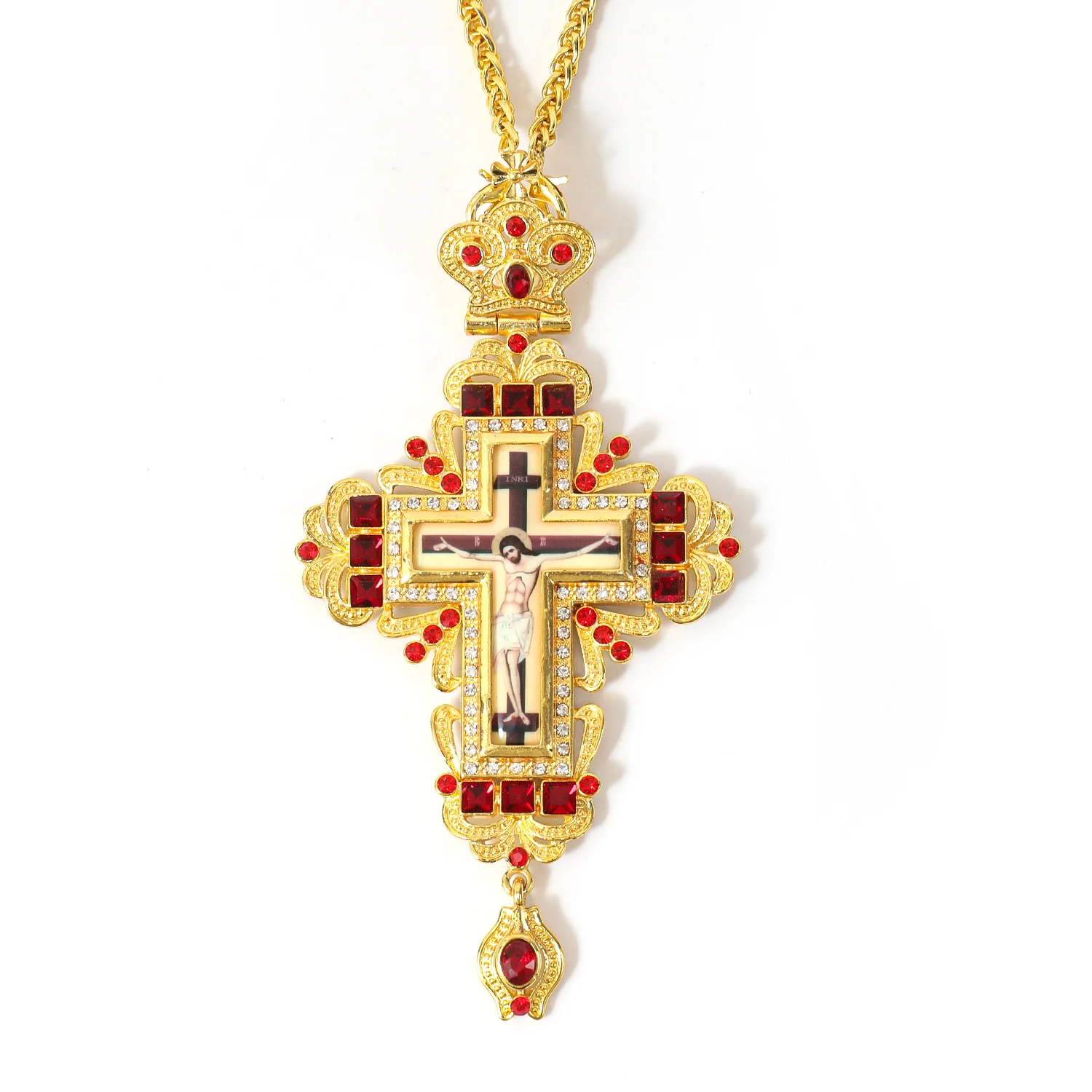 ZD004 Orthodox Pectoral Cross Necklace - Gold & Crystals