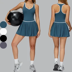 2026 V Neck Design Color Blocking Racerback Yoga Skirt for Women One Piece Activewear Tennis Skirt with Pocket Shorts