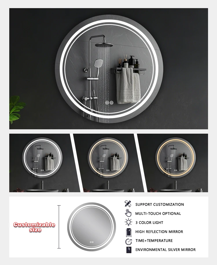 product modern luxury touch switch smart mirror anti fog adjustable color led bathroom mirror illumination for wall-4