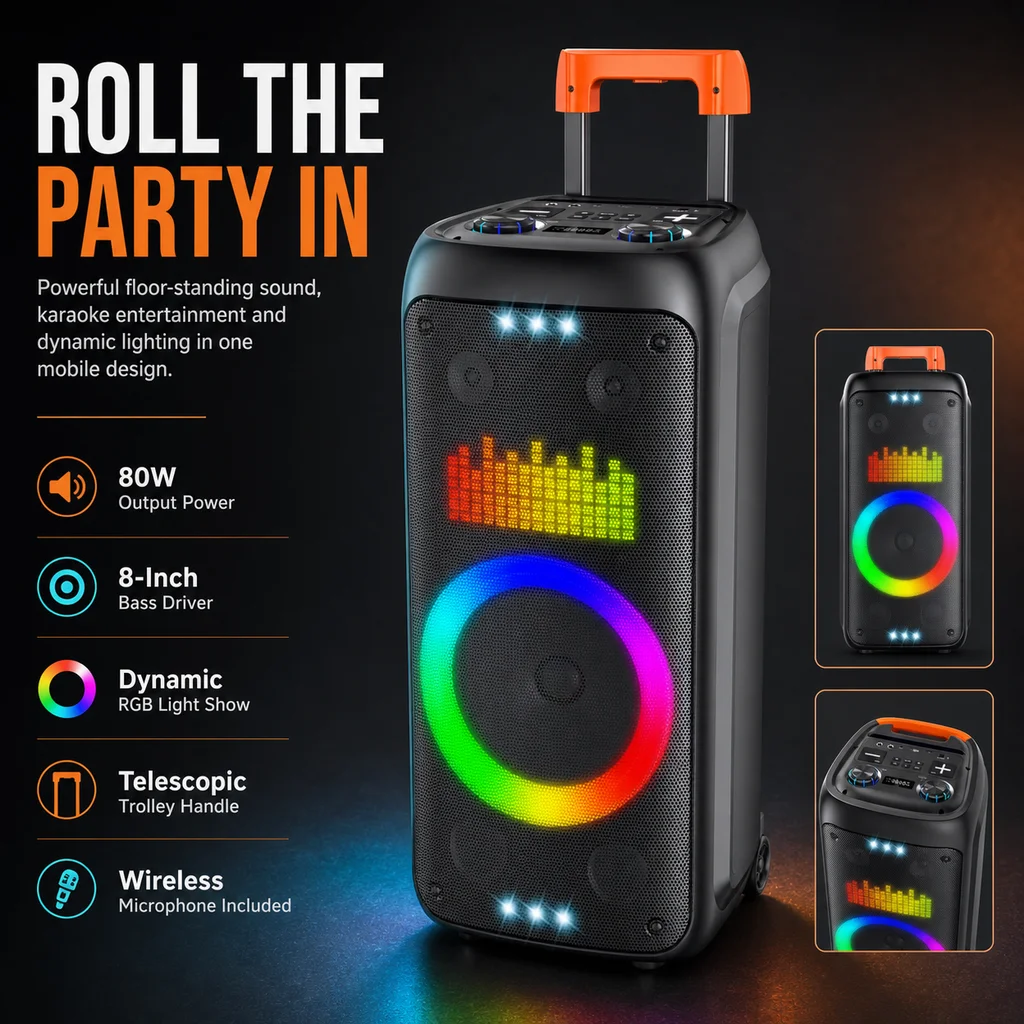 HANSUO HS-TS08G8 80W 8 Inch Portable Karaoke Party Speaker with 5400mAh Battery Wireless Microphone USB FM and Color Lights