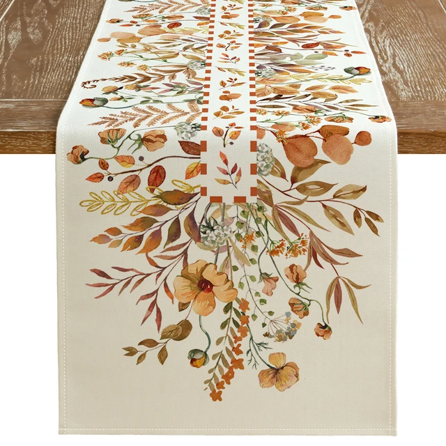 GEEORY Fall Thanksgiving Table Runner Wildflower Leaves Floral Seasonal Burlap Farmhouse Indoor Outdoor Table Runner for Home