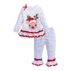 Wholesale Boutique Children's Christmas Set Cute Girls Long Sleeve Elk Top +striped Pants Set