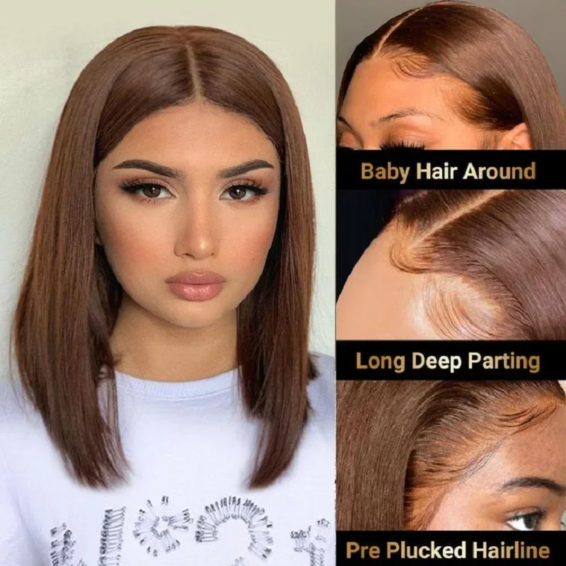Dunkelbraune kurze Bob-Perücke aus Echthaar, gerade Lace-Front-Perücken für Frauen_voghion.com