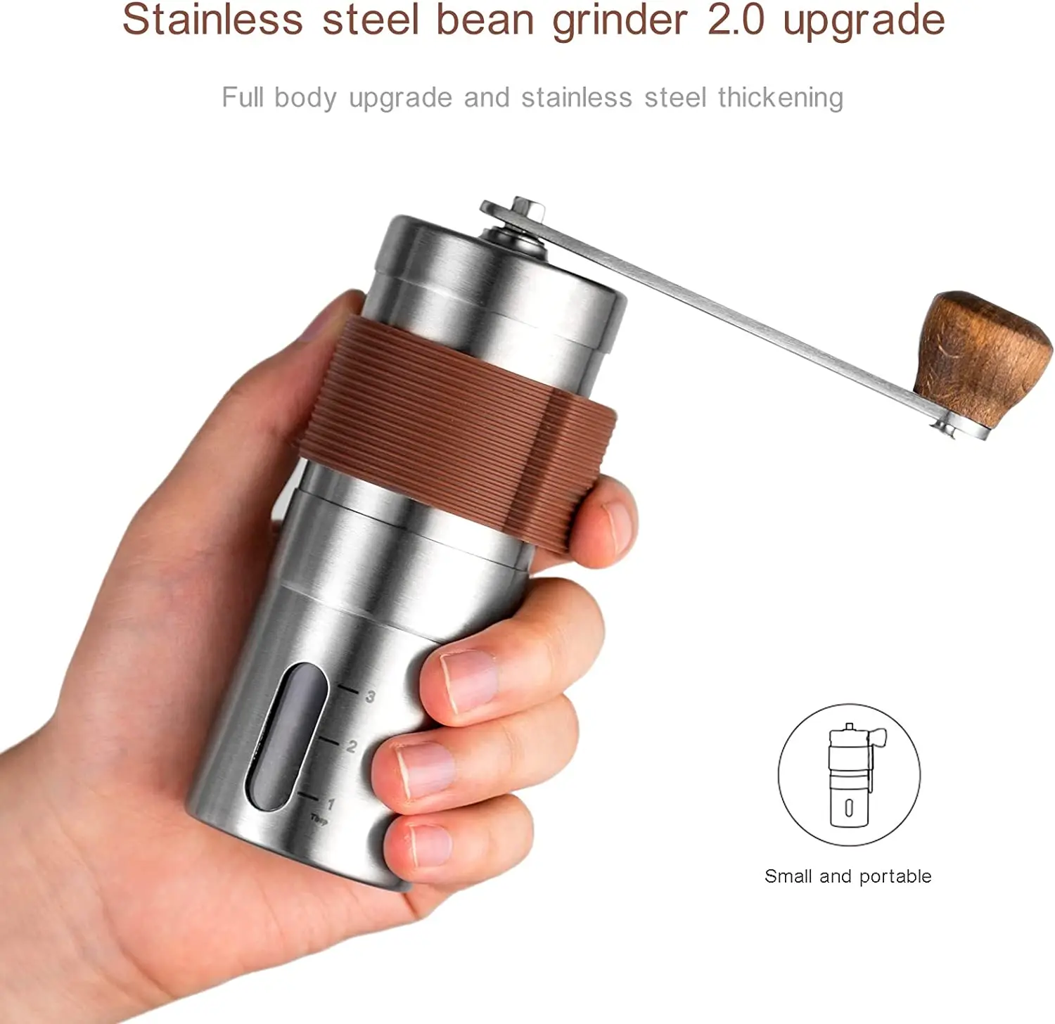 Moedor de café manual em aço inoxidável 304 com alça manual, caixa transparente com balança para café