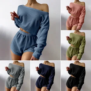 Autumn Pajamas, One Shoulder Top, Shorts, Breathable Waffle Fashion Casual Set, Home Clothing