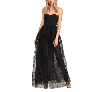 Fashion Black Star Mesh Overlay Strapless Bustier Dress Off Shoulder Evening Women Sleeveless Maxi Dress