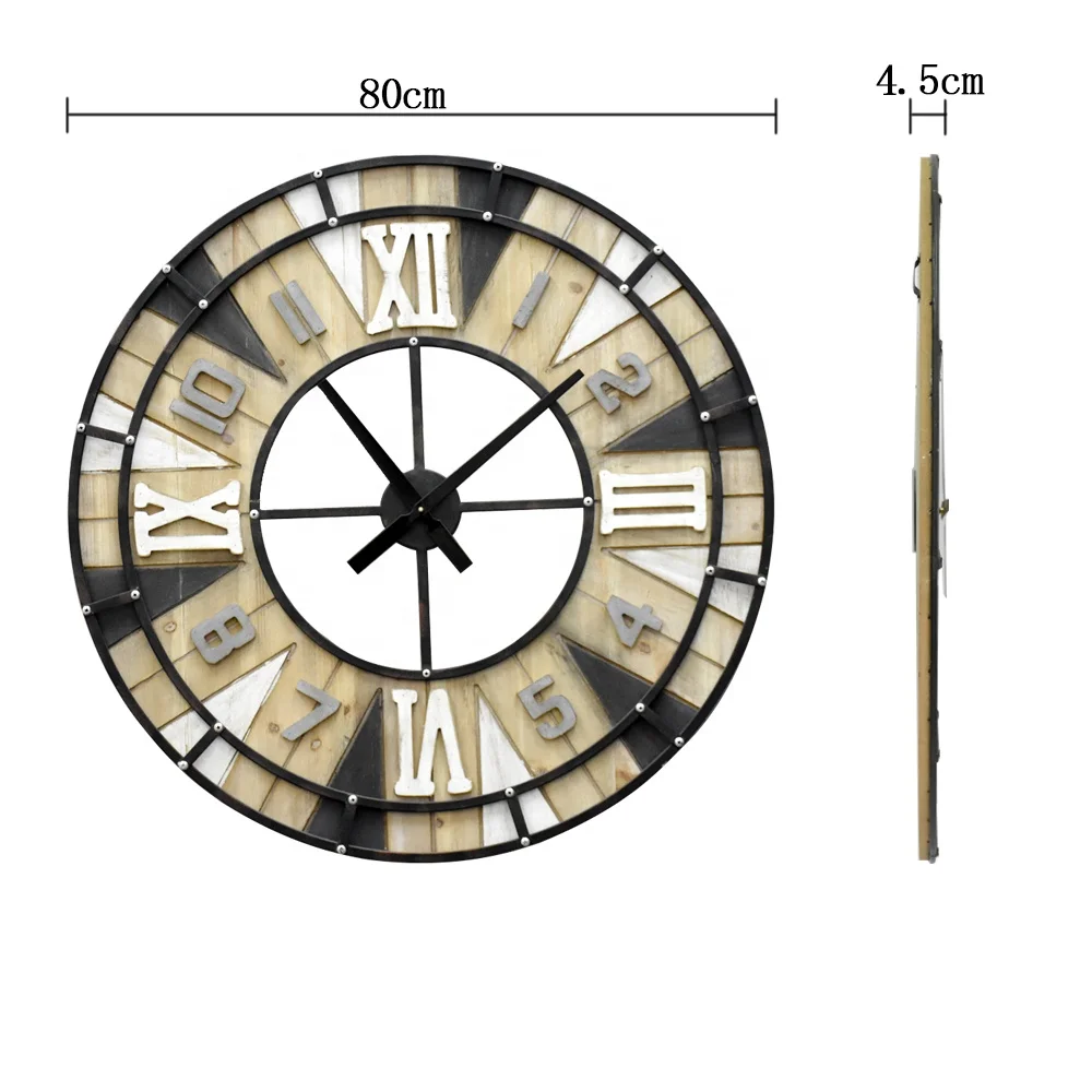 Luckywind 31inch Large Farmhouse Industrial Metal Solid Wood Noiseless Wall Clock