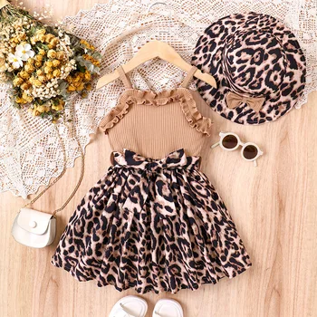 Children's clothing European American summer new girls strap lace stitching leopard print dress + Hat