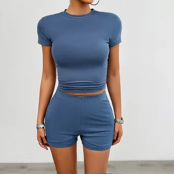 Custom Logo Solid Color Women Two Pieces Sports Suit Summer Short Sleeved T-Shirt and Elastic Shorts Set