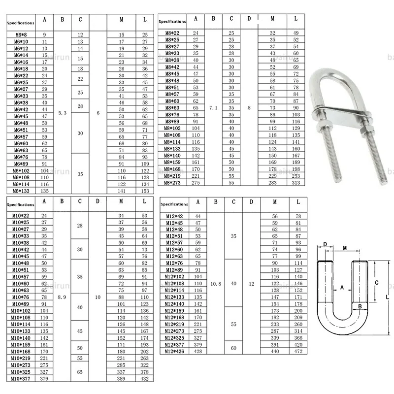 Factory Price Fasteners M6*48mm,  M6*51mm M6*57mm Stainless Steel Carbon Steel Iron U Type Bolt Truck U Bolts/