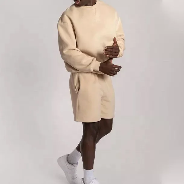 JL0824B Cotton Crewneck Sweatshirt Sweatsuit Plain Shorts Set Embroidery Men’s Crew Neck Sweatshirt and Shorts Set