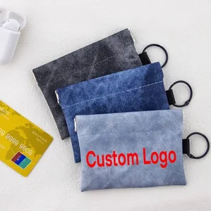 Custom Logo Denim Texture Coin Wallet with Ring ID Cardholder Keychain Artificial Leather Driving Documents Organizer Case
