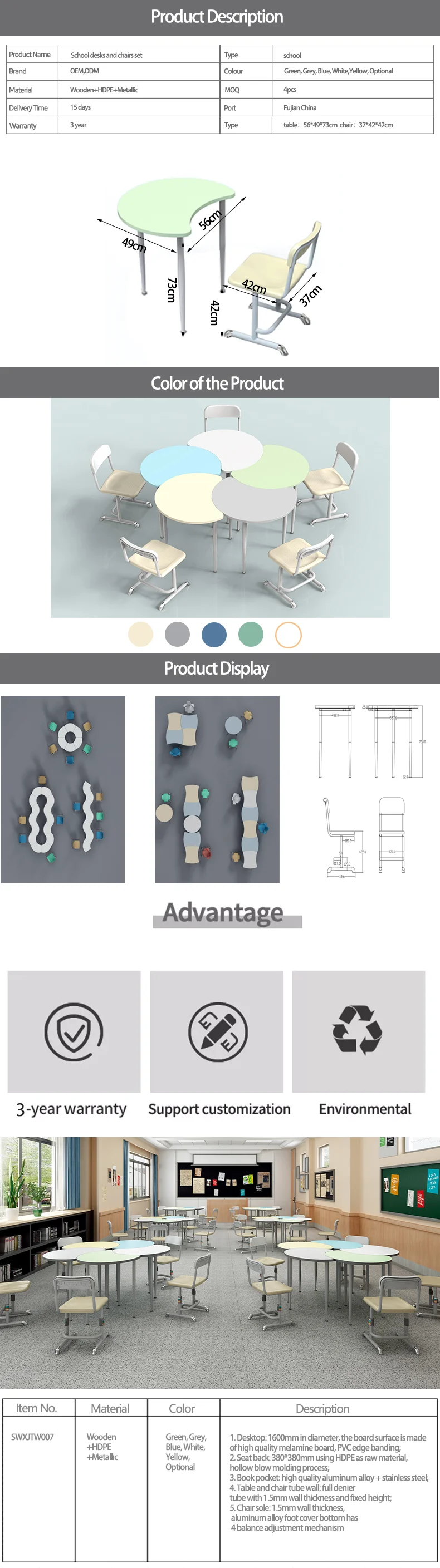 School desk and chair adjustable height in classroom sets Striping set mesas