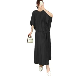 Women's Casual Two-Piece Set A-Line Skirt With Batwing Sleeves Pleated Design Stretch Top Printed Fabric Matching Style