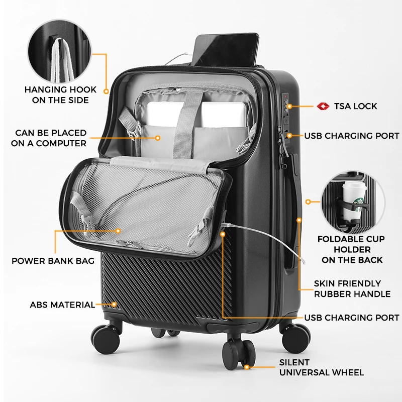 2026 New Design Front-opening Pocket Luggage Charging USB Cup Holder ABS+PC Spinner Anti-Theft 20-inch Boarding Travel Suitcase
