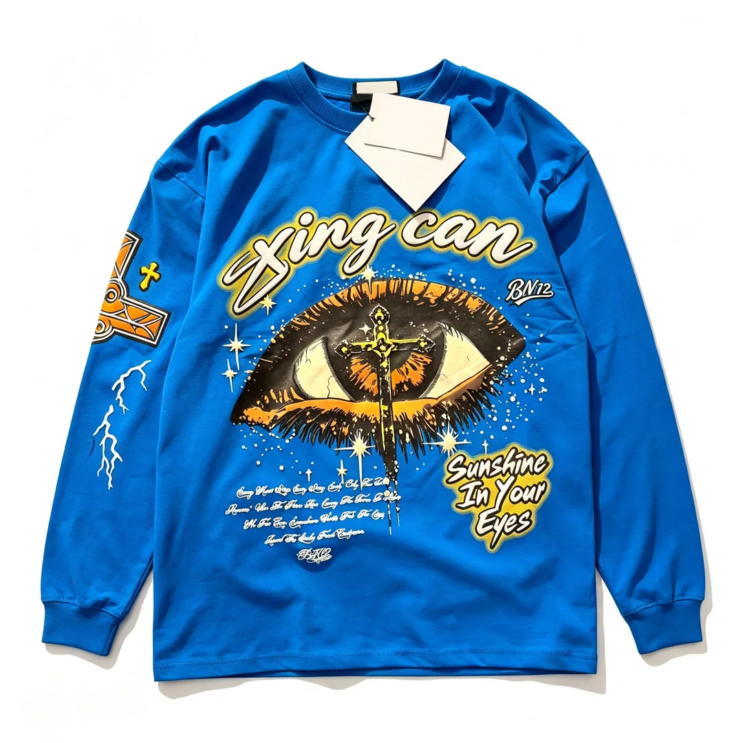Aangepas mans vintage beskadigde DTG digitale druk kort-geknipte crewneck langmou-borsie van katoen, oorverdruk, hoë straat styl, langmou