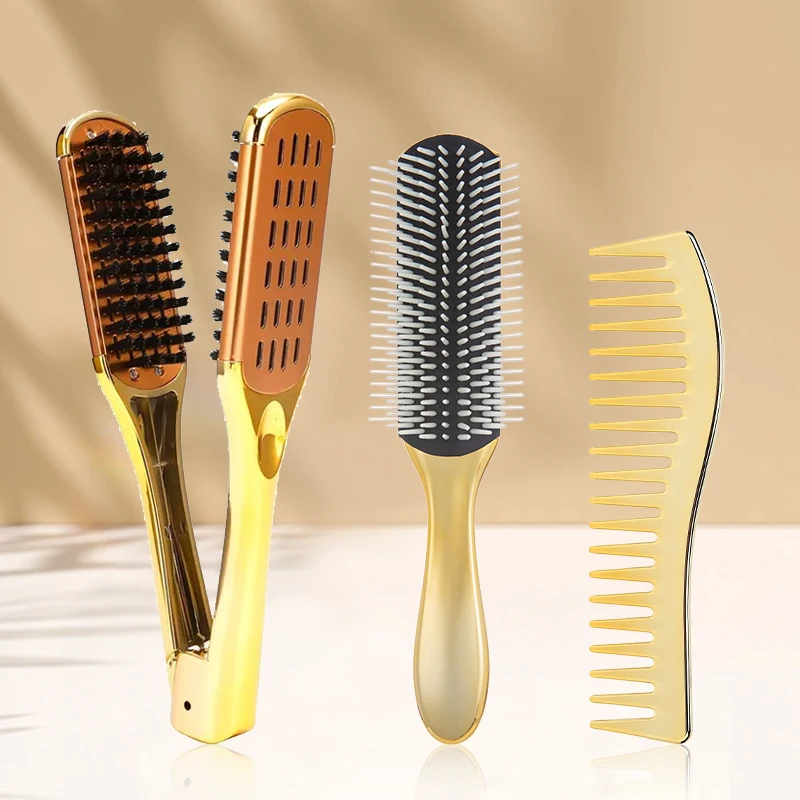 Electroplated Wide Tooth Comb Gold Mane Hair and Denman Hair