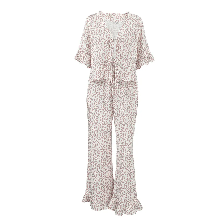 Autumn loose-fitting breathable ruffled short sleeves and long-sleeved two-piece loungewear set. — detail