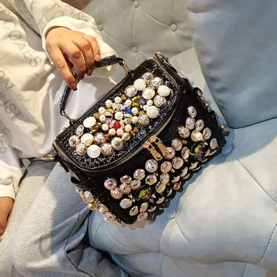 Rivet Rhinestone Bling crocodile Pattern Pearl Handbags Crossbody Evening Ladies Handmade Women Hand Bags Leather Luxury