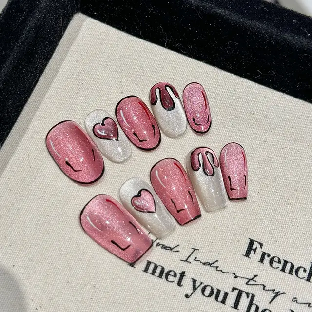 High Quality Customized Cat Eye Artificial Nails Pink Love Heart Solid Color Press on False Nails Acrylic False Nails