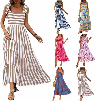 2024 European and American women's dress spaghetti strap sleeveless floral print pocket side zipper layered ladies dress