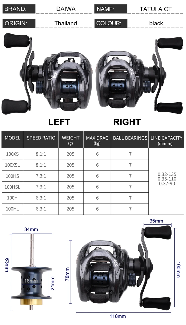 Daiwa Tatula Ct 100系统软触摸旋钮6.3:1 7.3:1铝体线轴utd拖动手摇