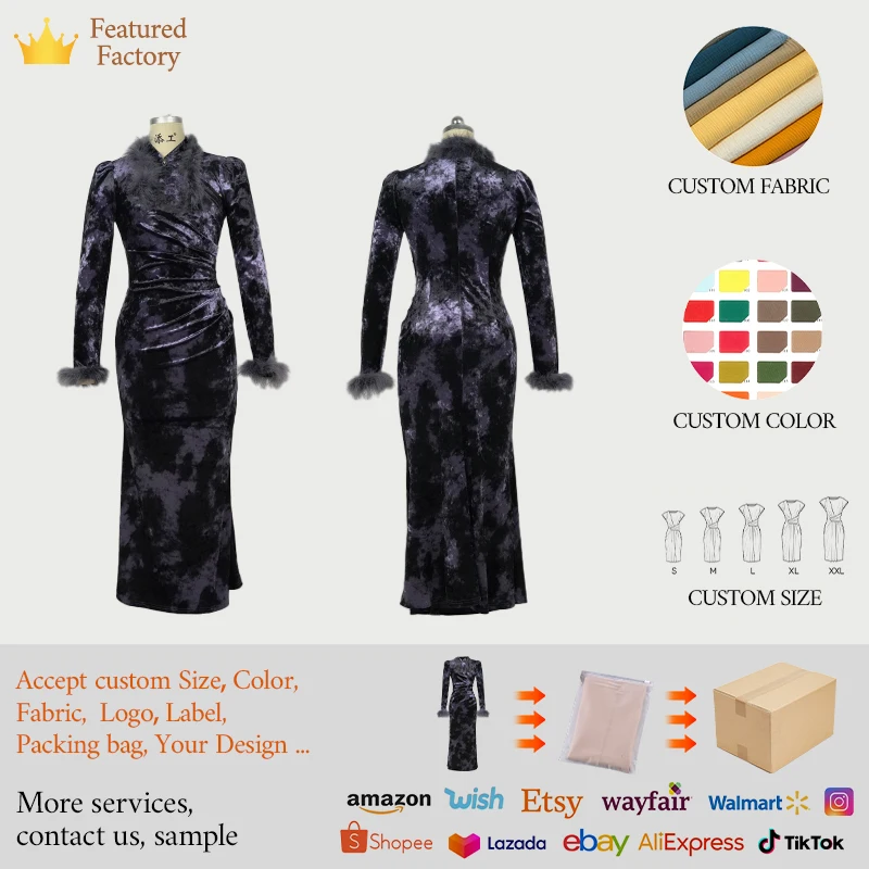 ZYHT 21597 Factory Custom Clothing Elegant Long Sleeve Bodycon Dress Women  Floral Pattern Velvet Fur Collar Evening Dress