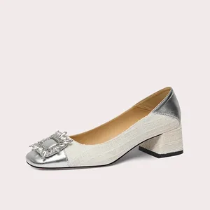 Lily Wei New Square Toe Color Block High Heels Fashionable Rhinestone Thin Heels Single Shoes for Women Spring Autumn