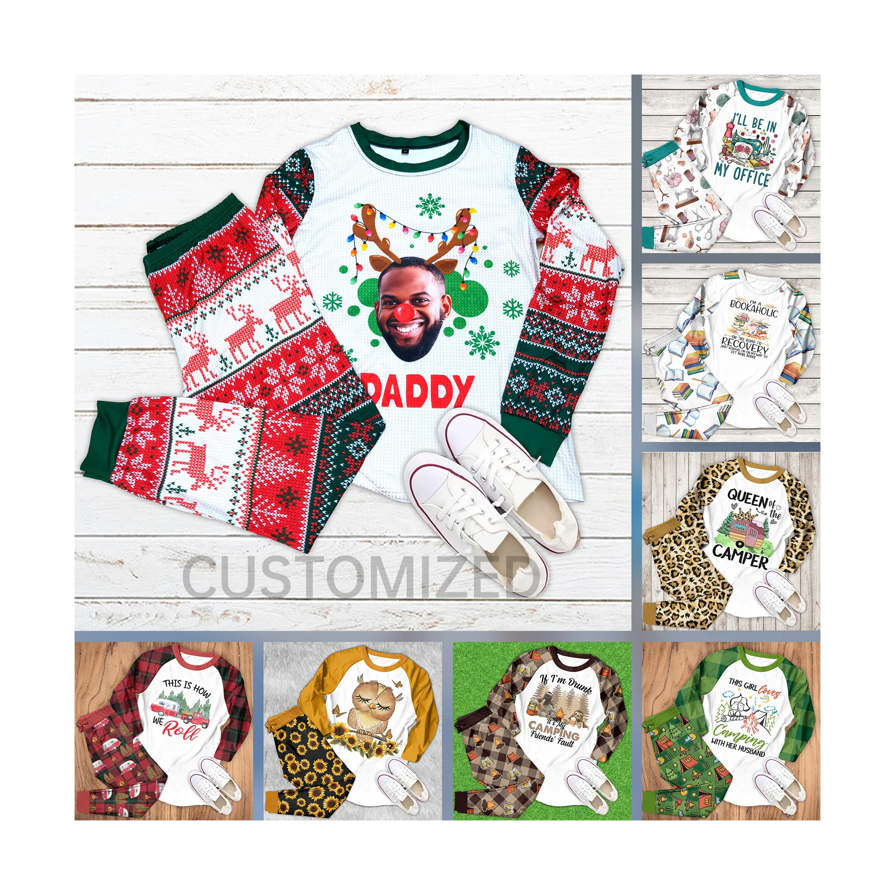 Custom Print Blank Polyester Long Sleeve Sleepwear Family Matching Pajamas Sets Personalized Photo Soft Nightwear Set